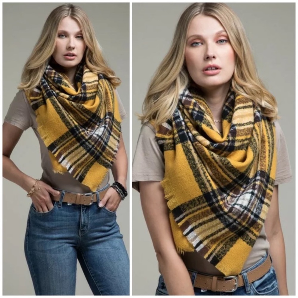 SOLD OUT Mustard Glen Plaid Square Blanket Scarf - Picture 1 of 4